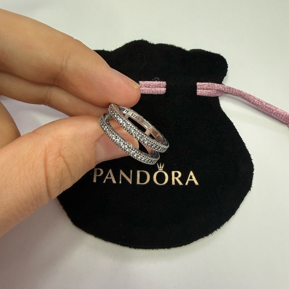 Pandora Silver Double Band Ring with Clear Cubic Stones - Picture 2 of 7